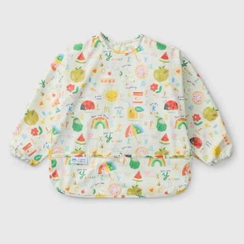 Baby bib with colorful fruit and rainbow pattern on a white background
