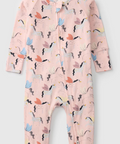 Baby onesie with colorful animal pattern on a white background