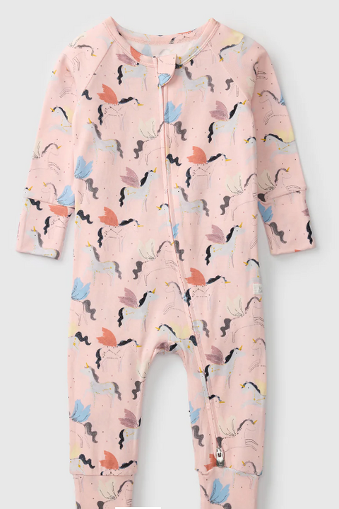 Baby onesie with colorful animal pattern on a white background