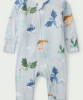 Baby onesie with dragon pattern on a light gray background