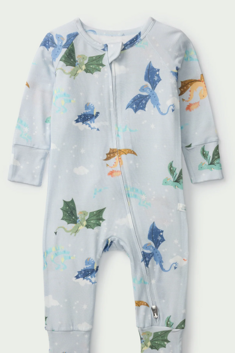 Baby onesie with dragon pattern on a light gray background