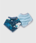 Two baby bibs with space-themed print on a light gray background
