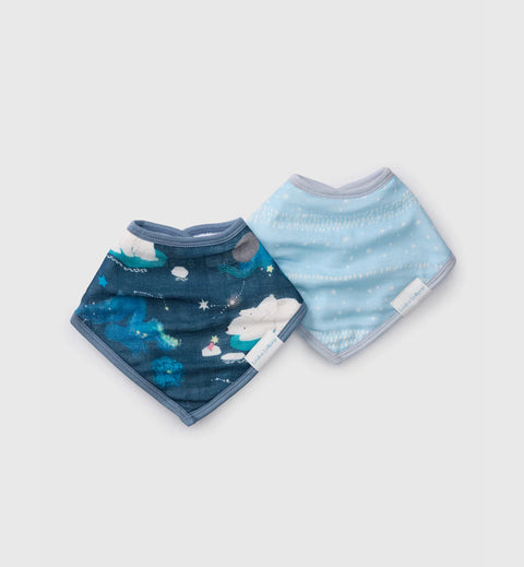 Two baby bibs with space-themed print on a light gray background