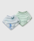 Two baby bibs with different patterns on a light gray background
