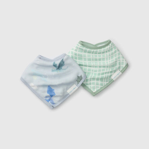 Two baby bibs with different patterns on a light gray background