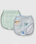 Two baby bibs, one with a green checkered pattern and the other with a floral design, on a light gray background.