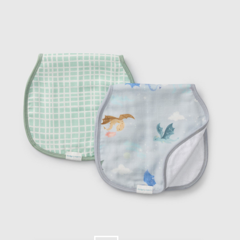Two baby bibs, one with a green checkered pattern and the other with a floral design, on a light gray background.