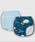 Two baby bibs with space-themed designs on a light gray background