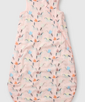 Baby sleeping bag with colorful cat pattern on a light gray background