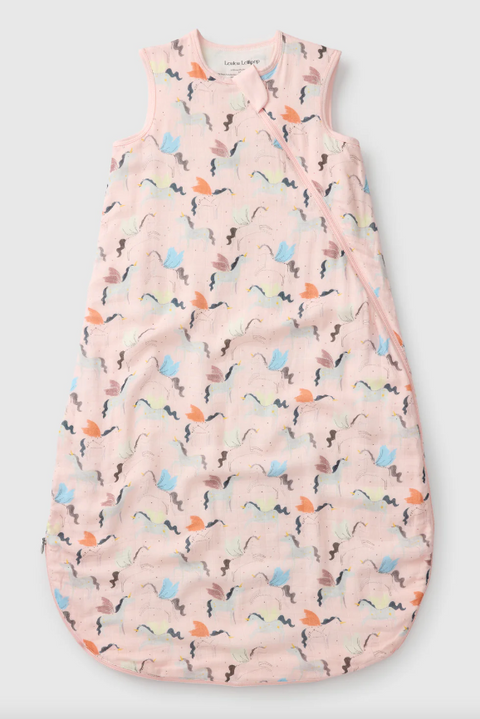 Baby sleeping bag with colorful cat pattern on a light gray background