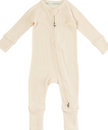 Beige baby onesie with a zipper on a white background