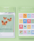 Classy Kids Love Notes set in 'Animal Collection' featuring a mint green butterfly-themed note on the left and a sheet of 16 colorful note faces on the right, both in clear packaging against a matching mint green background.