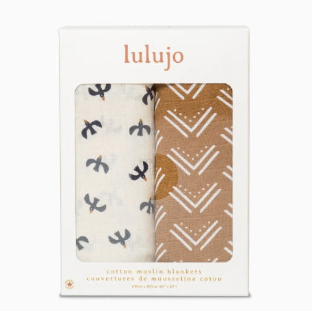 Two baby blankets with patterns in a 'lulujo' packaging on a white background