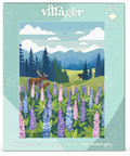 Villager 1000-piece jigsaw puzzle box featuring a colorful illustrated landscape with mountains, pine trees, a moose, and a field of purple and pink wildflowers on a mint background.