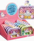 A retail display box filled with Magic Bead water games featuring unicorn-themed plastic beads and translucent panels, with a larger product cutout shown above the display. The packaging is pink and the products are pastel purple, pink, blue, green, and yellow.