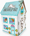 Chocolate packaging shaped like a house with 'Truffle Pig' branding on a white background