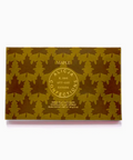 Chocolate packaging with maple leaf pattern and 'Alicja's Confections' branding on a white background