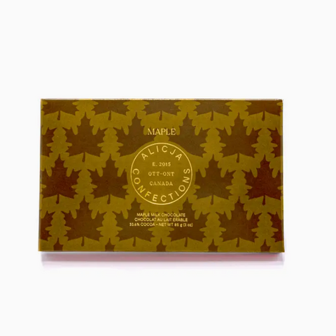Chocolate packaging with maple leaf pattern and 'Alicja's Confections' branding on a white background