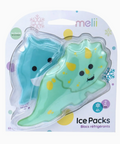 Melii ice packs in a blister pack, featuring two smiling ice pack shapes in mint green and light blue with yellow accents, on a white background with decorative snowflakes.