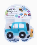 Melii reusable snack bags with zip closure in a vehicle-themed blister pack, featuring a light blue car design with black wheels and small yellow and orange details.