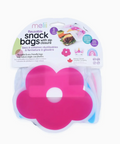 Melii reusable snack bags with zip closure in a flower-shaped pink silicone bag inside its retail packaging, on a white background.