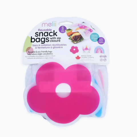 Melii reusable snack bags with zip closure in a flower-shaped pink silicone bag inside its retail packaging, on a white background.