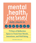 A daily check-in mental health journal cover by Taylor M. Ham, LMFT, featuring a coral pink top half with white and blue text, a yellow bottom half, and seven blue checkmark circles across the center.