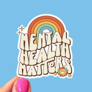 Sticker with 'Mental Health Matters' text and rainbow design on a blue background