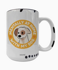White mug with a dog illustration and text on a white background