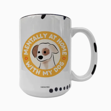 White mug with a dog illustration and text on a white background