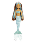 Mermaid doll with blue tail and crown on a white background