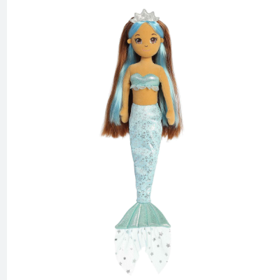Mermaid doll with blue tail and crown on a white background
