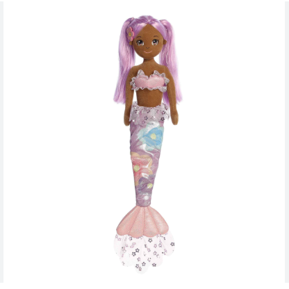 Mermaid doll with pink hair and tail on a white background