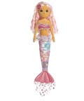 Mermaid doll with pink hair and colorful tail on a white background