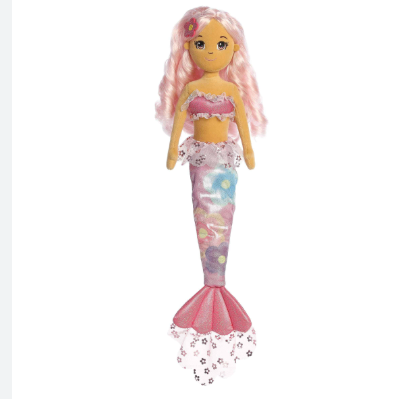 Mermaid doll with pink hair and colorful tail on a white background