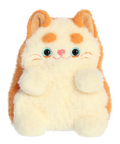Plush toy resembling a cat with orange and white fur on a white background