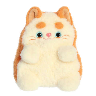 Plush toy resembling a cat with orange and white fur on a white background