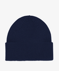 Navy blue beanie on a light gray background