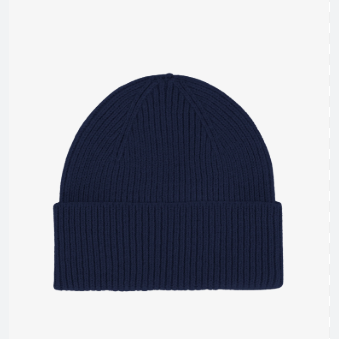 Navy blue beanie on a light gray background