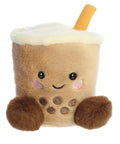 Plush toy resembling a bubble tea cup with a smiling face on a white background