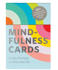 Front cover of the 'Mindfulness Cards' deck, featuring a colorful abstract design with concentric arches in teal, yellow, pink, orange, and white on a light blue background. A gray circular sticker in the top right corner reads '50+ prompts and exercises for the mind and body'.