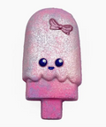 Pink and white glittery ice cream bar with a bow and blue eyes on a white background
