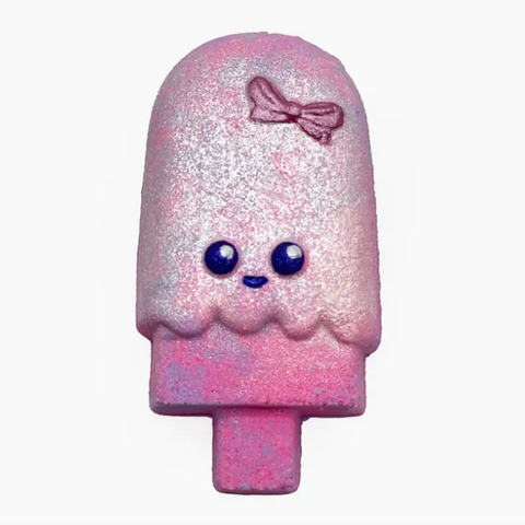 Pink and white glittery ice cream bar with a bow and blue eyes on a white background