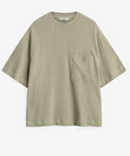 Sage green t-shirt with a pocket on a white background