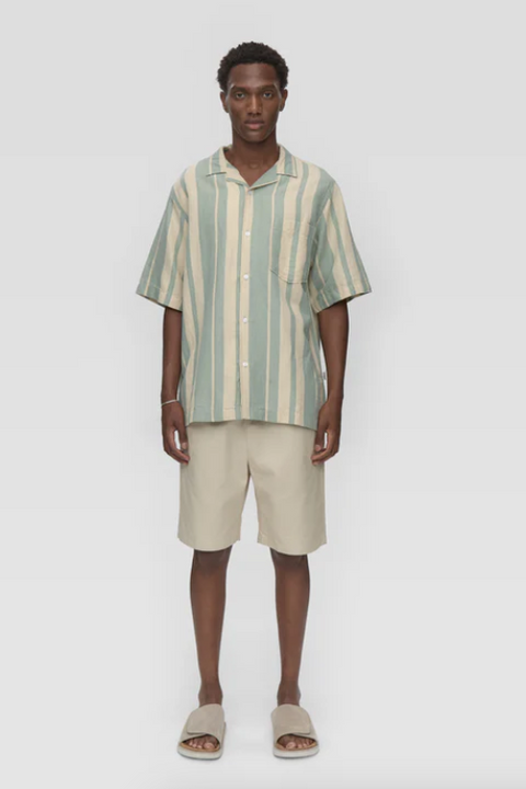 Man wearing a striped shirt and beige shorts on a white background
