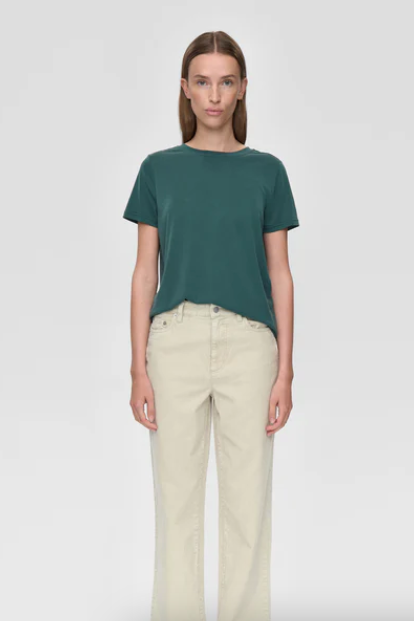Person wearing a green t-shirt and beige pants on a white background