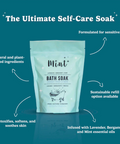 Mint bath soak packaging with text on a teal background