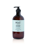 Brown bottle of dish soap with a pump and 'Mint' label on a white background