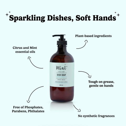 Brown dish soap bottle with label on a white background, featuring text about product benefits.