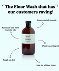 Bottle of floor wash with text highlighting features on a white background